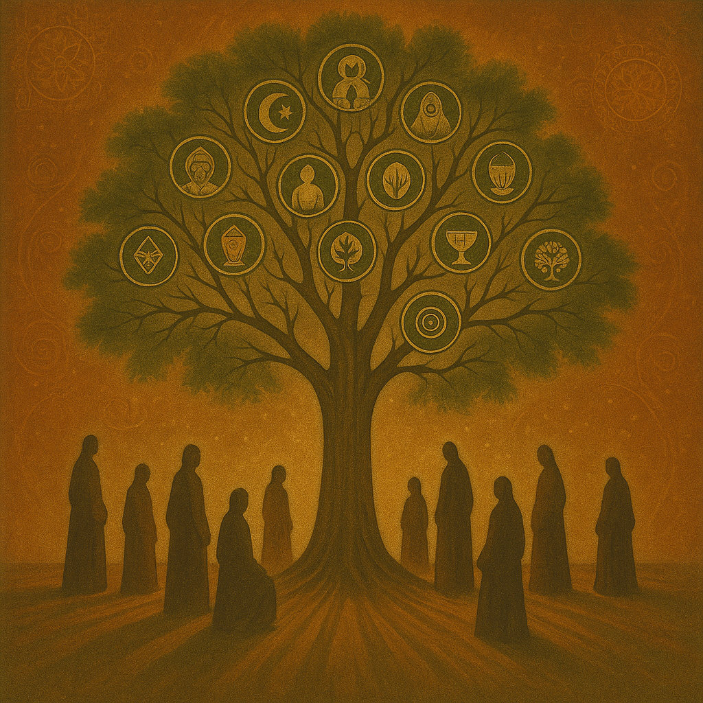 Family Constellation Therapy image, cloaked figures surrounding a tree with symbols of various people and emblems